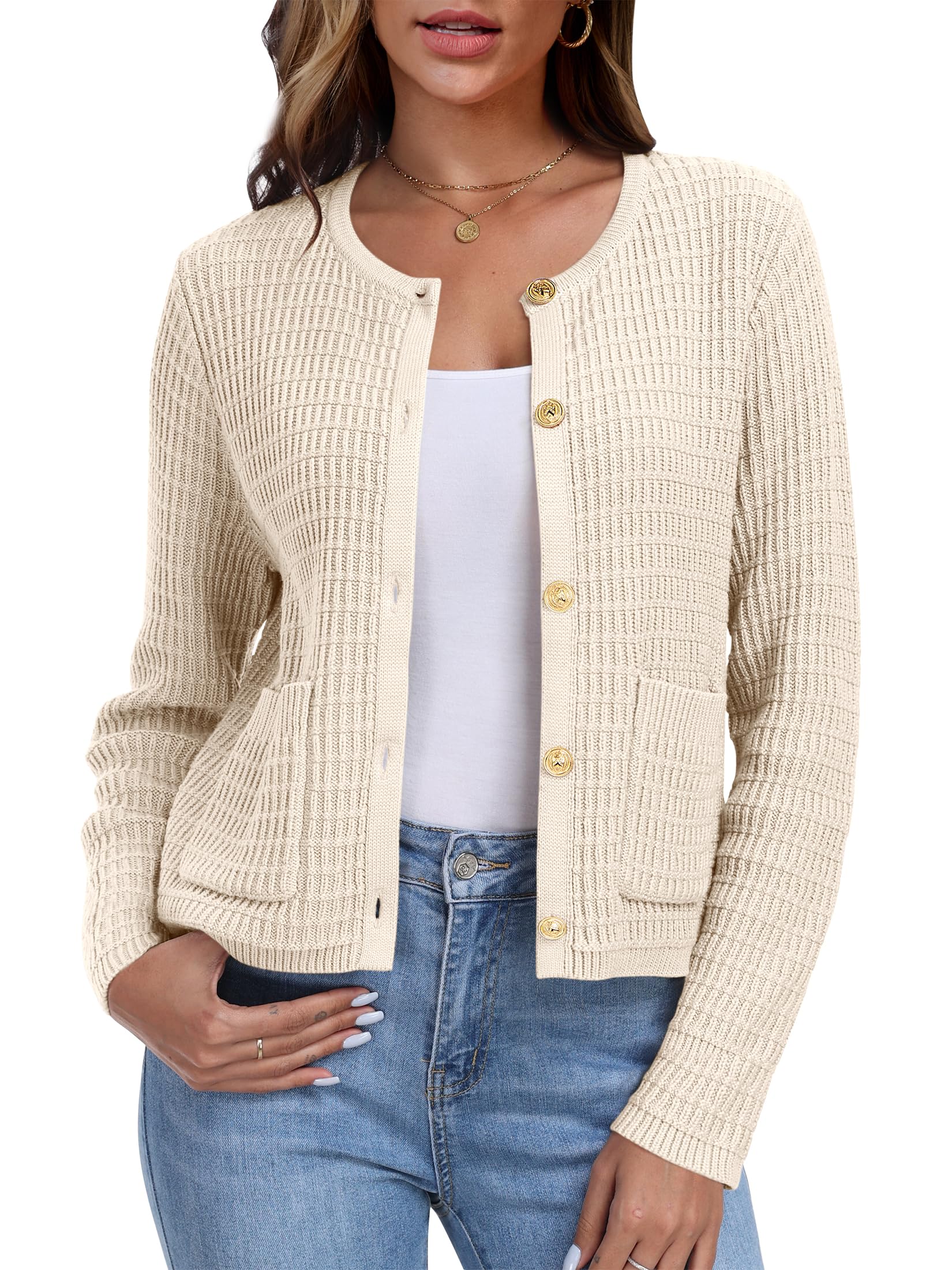 ANRABESS Women Cardigan Sweater Dressy Casual Classic Long Sleeve Crew Neck Button Down Tweed Knit Jacket 2026 Fall