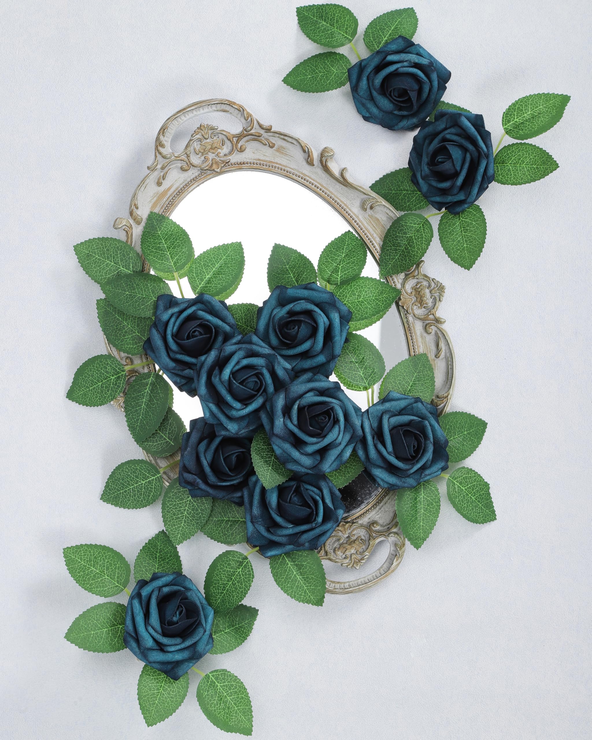 DuHouse 25Pcs Artificial Roses Flowers Fake Rose with Stems Real Touch Foam Flower Head for DIY Wedding Bridal Bouquet Baby Shower Centerpiece Floral Arrangement Party Home Decor(Peacock Blue) - Image 4