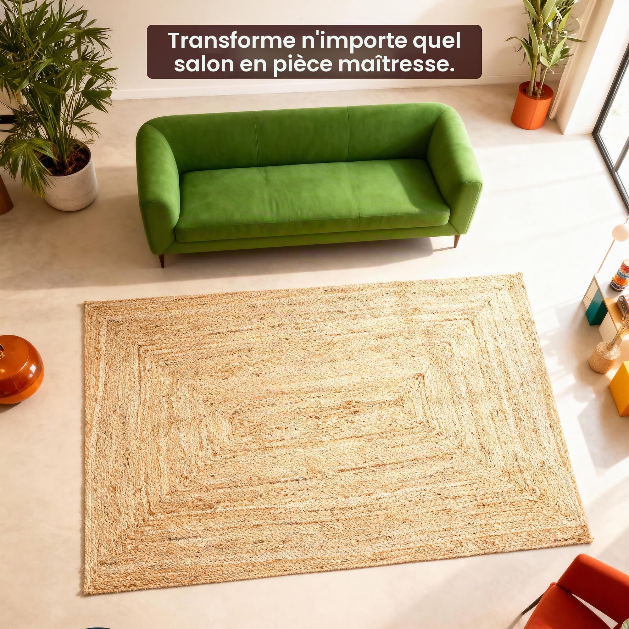 Craft Trade Naturel Bohème Rectangle Tapis en Jute Réversible Tressé Tapis de Chiffon Jute Lavable Tissé à la Main Décor pour Cuisine Salon et Chambre - 120X180 cm