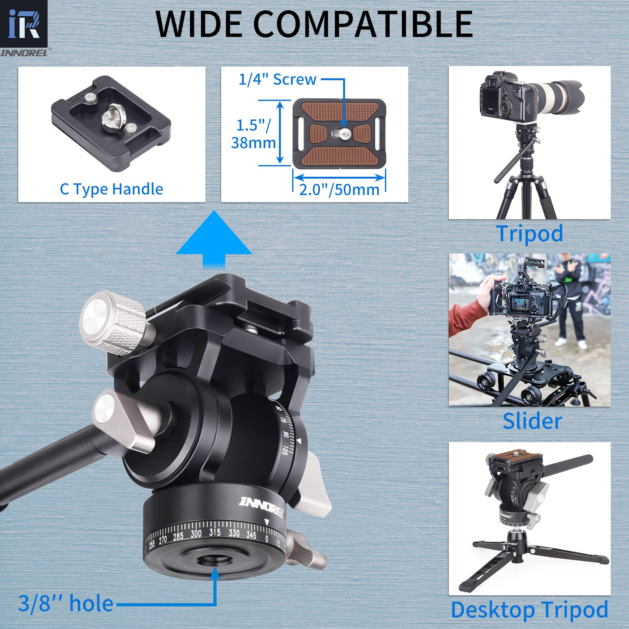 INNOREL H10 Leichter Mini-Stativ, Flüssigkeits-Videokopf, 360 Grad Panorama, CNC, hydralische Dämpfung, Videokopf mit Arca Swiss Q.R.Plate Telefon-Clip für DSLR-Kamera, Camcorder, Telefon, Stativ