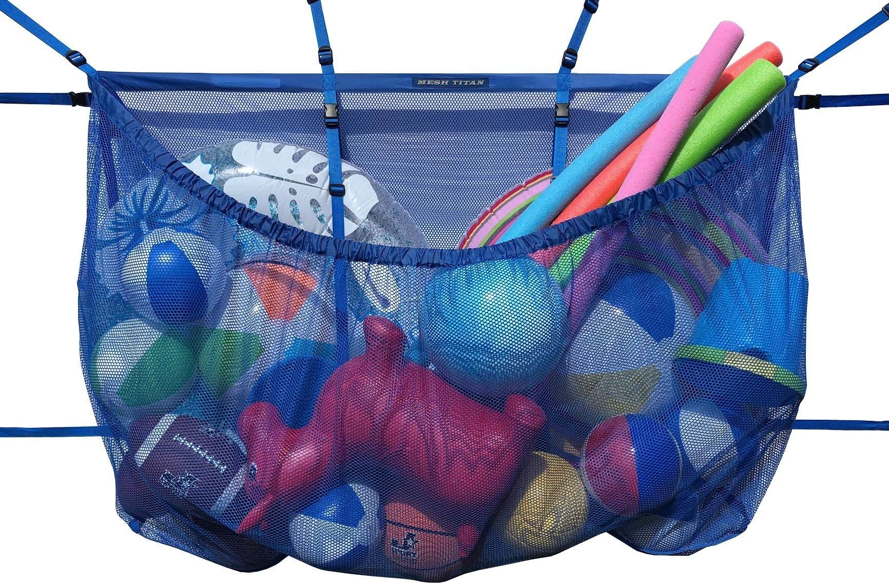 Pool Storage Bag (Blue) - Organizer for Pool, Fence, Deck, Garage, Gym - 60” Pouch Floats, Sports Balls, Inflatable rafts, Toys, Yoga Balls and More