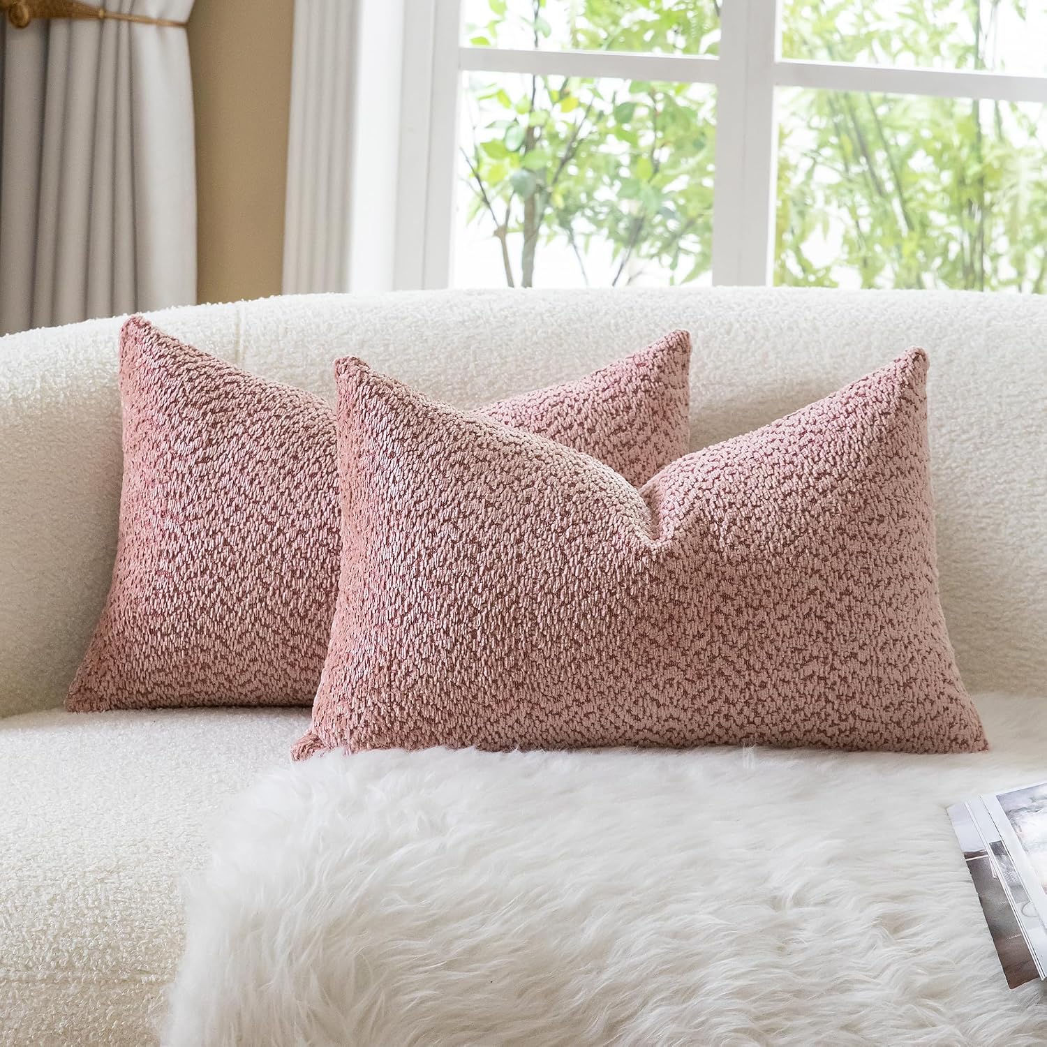Neelvin Orange Throw Pillow Covers 18x18 inch, Thick Chenille Decorative Pillow Covers with Cozy Knit-like Texture, Soft Neutral Couch Cushion Cases with Invisible Zipper for Living Room Bed, Set of 2