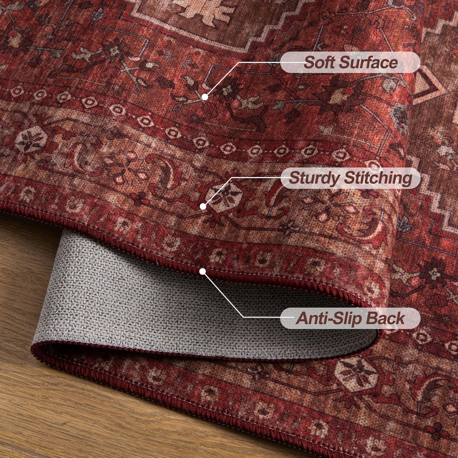 Tangsoo Red Boho 6x9 Area Rug Washable Rug for Living Room, Vintage Indoor Non Slip Large Area Rugs, Oriental Print Carpet, Soft Low Pile Foldable Floor Rug for Bedroom Dining Room Dorm Dark Red