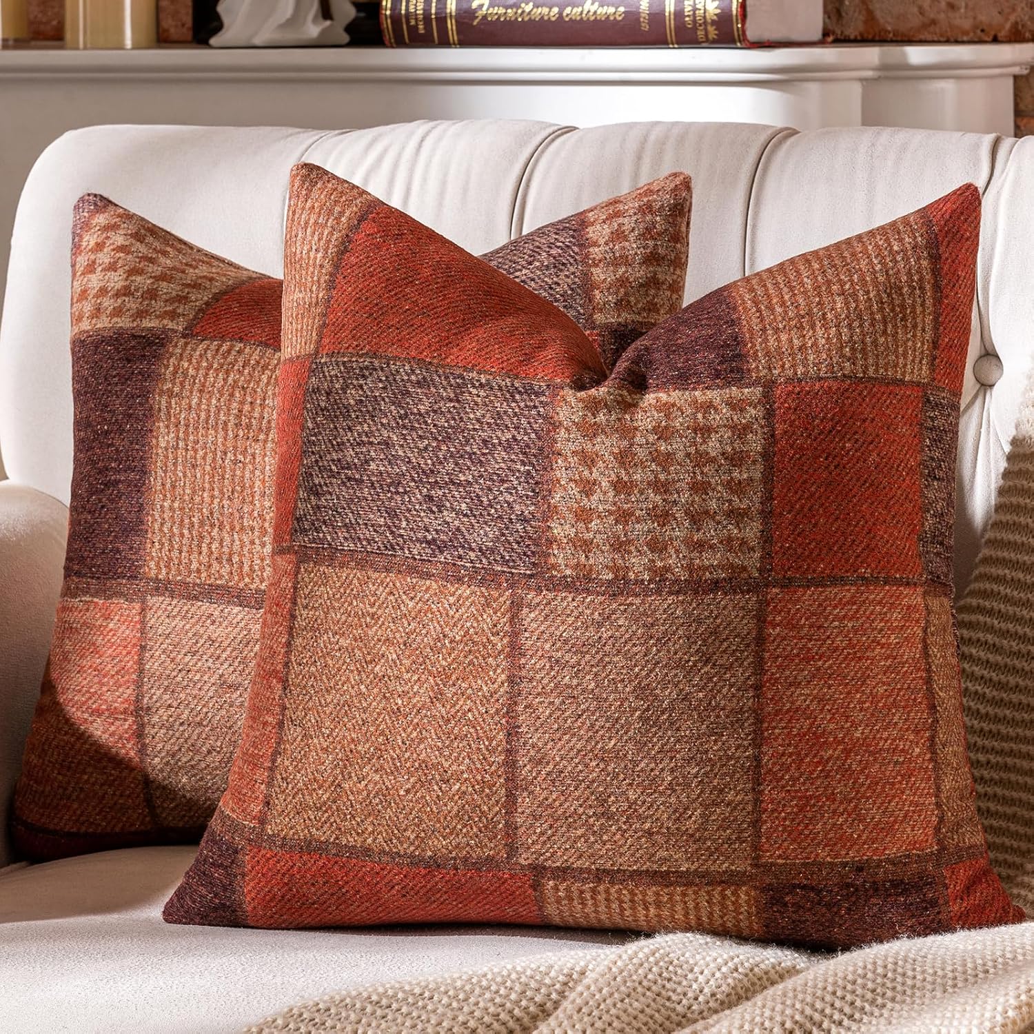 AmHoo Set of 2 Throw Pillow Covers Woolen Patchwork Checkered Farmhouse Decorative Square Pillows Cover Pillowcase for Sofa Couch Bed 18 x 18-Inch Orange 18" x 18" (Pack of 2) Orange