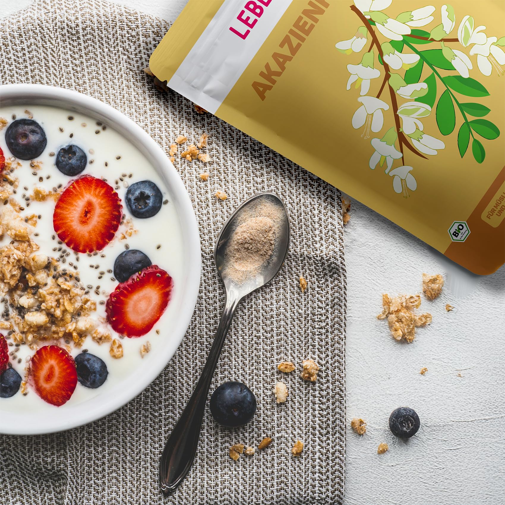 Lebepur BIO Akazienfasern vegan 500g, 90% Ballaststoffe, geschmacks- und geruchsneutral, Akazienfaser Pulver, glutenfrei, ohne Zusatzstoffe, hoher Ballaststoffgehalt mit 90g pro 100g