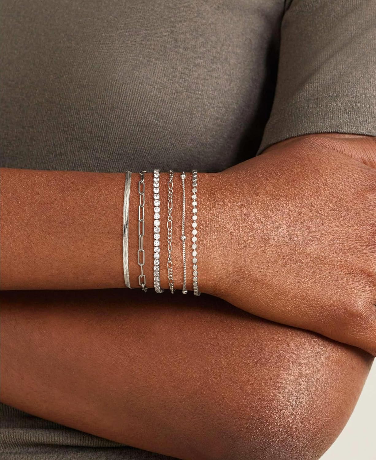 DEARMAY Dainty Silver Plated Bracelets for Women Trendy, Silver Jewelry Set for Women Bracelets for Women Paperclip Box Herringbone Figaro Rope Chain Bracelet Fashion Pack Gifts for Women - Image 9