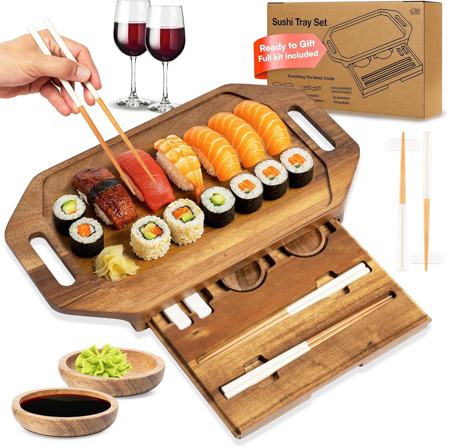 RIQMU Sushi Tray for Two with Hidden Drawer Sushi Kit - Acacia Wood Serving Tray, Charcuterie Board, 17x10in Housewarming Gift