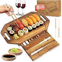 RIQMU Sushi Tray for Two with Hidden Drawer Sushi Kit - Acacia Wood Serving Tray, Charcuterie Board, 17x10in Housewarming Gift