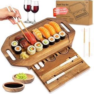 Sushi Tray for Two with Sushi Kit – Serving Tray with Handles & Sushi Set, 17x10in Sushi Plate, Charcuterie Board – Best Housewarming Gift or Bridal Shower Gift for Bride