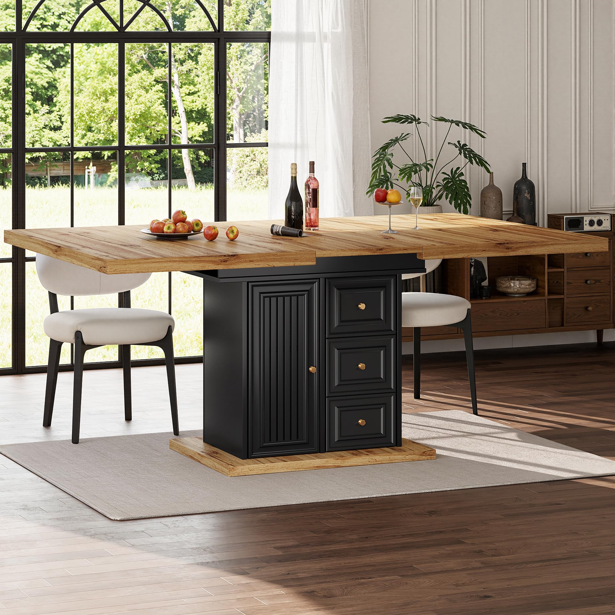 Gxffipw Esstisch Ausziehbar Küchentisch mit Schubladen für 4-6 Personen, Esszimmertische mit Stauraum, Esszimmertisch Ausziehbar Esszimmermöbel, Holzfarbe+Schwarz, 110-140x80x75 cm Küche, Haushalt & Wohnen