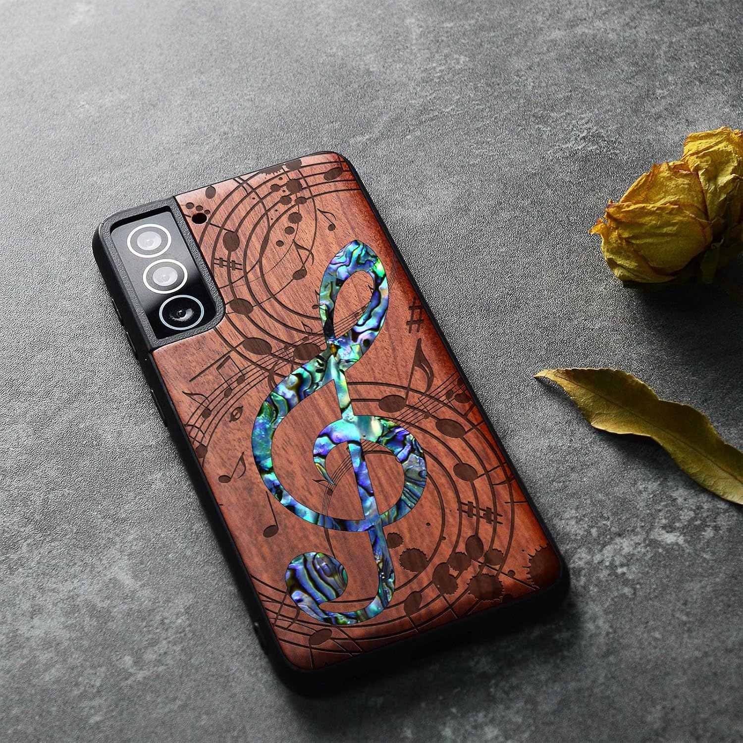 Carveit Designer Wooden Cover for Samsung Galaxy S22 Plus Case [Wood Engraving & Shell Inlay] Compatible with Wireless Chargers Galaxy S22 Plus (Musical Note-Rosy)