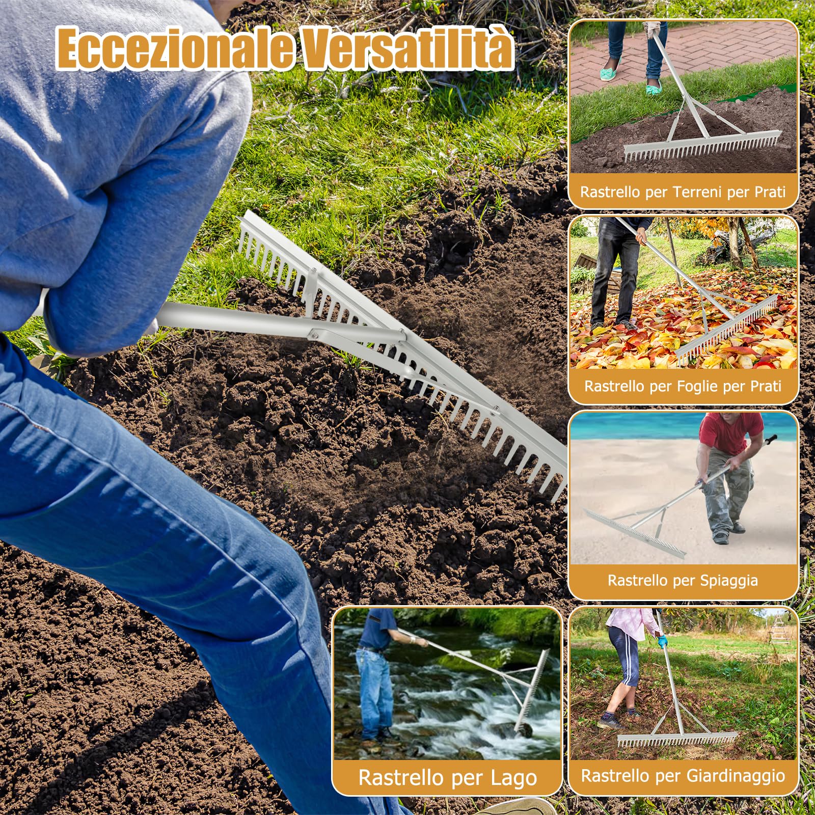 RELAX4LIFE Rastrello da Giardino in Alluminio, Rastrello Scopa per Foglie con 36 Denti, Larghezza 91cm, Manico Lungo 174 cm, Attrezzo da Giardino per Allentare il Terreno e Cura del Prato