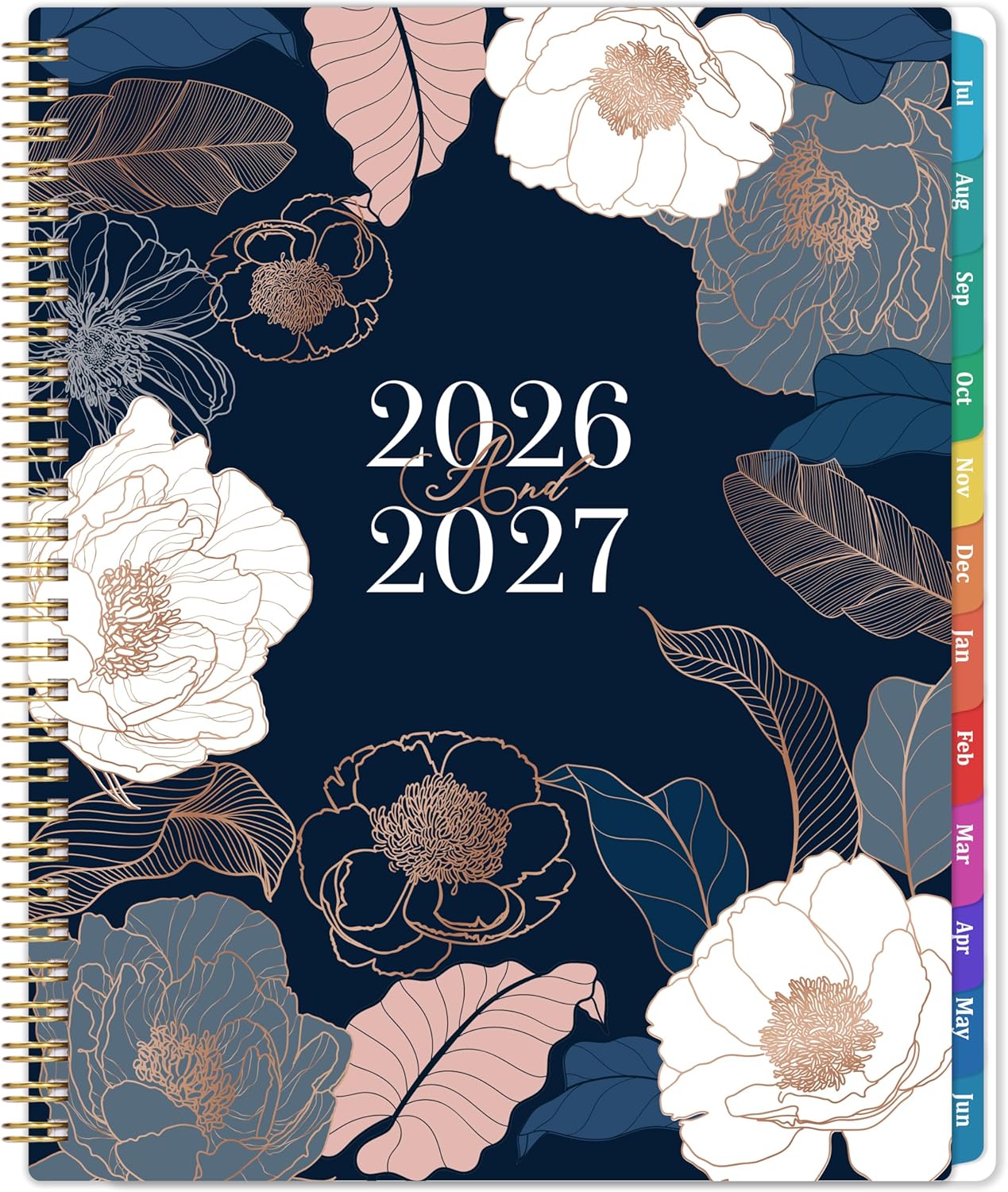 Planner 2026-2027 - Academic Planner 2026-2027, Jul.2026 - Jun.2027, 9" x 11", 2026-27 Calendar Planner, Weekly and Monthly with Colorful Tabs, Strong Twin-wire, Back Pocket - Engraved Floral