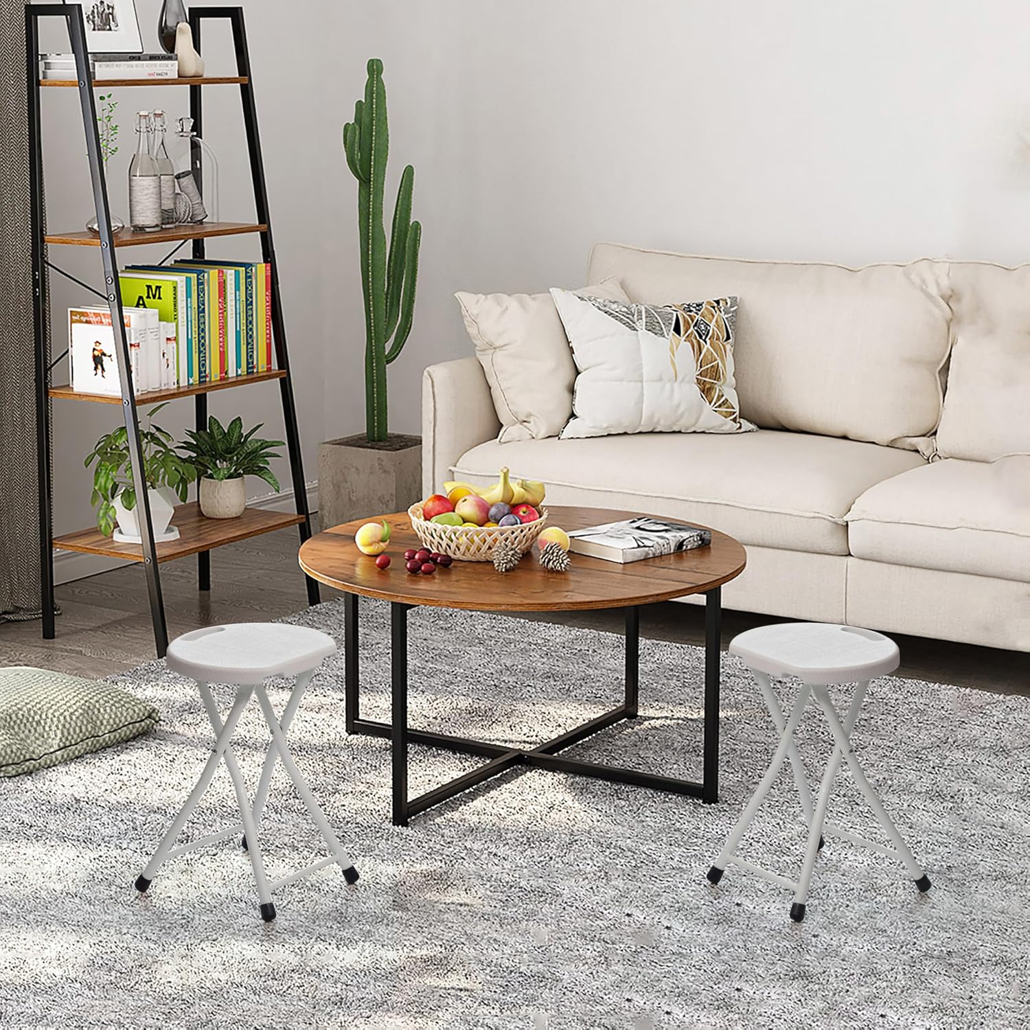 Basicwise Portable Folding Stool with Handle Compact Chair with Non-Slip Feet and Metal Frame Legs for Indoor & Outdoor Use Ideal for Dorm Kitchen Vanity Game Room Garden Porch & Home Bar, White