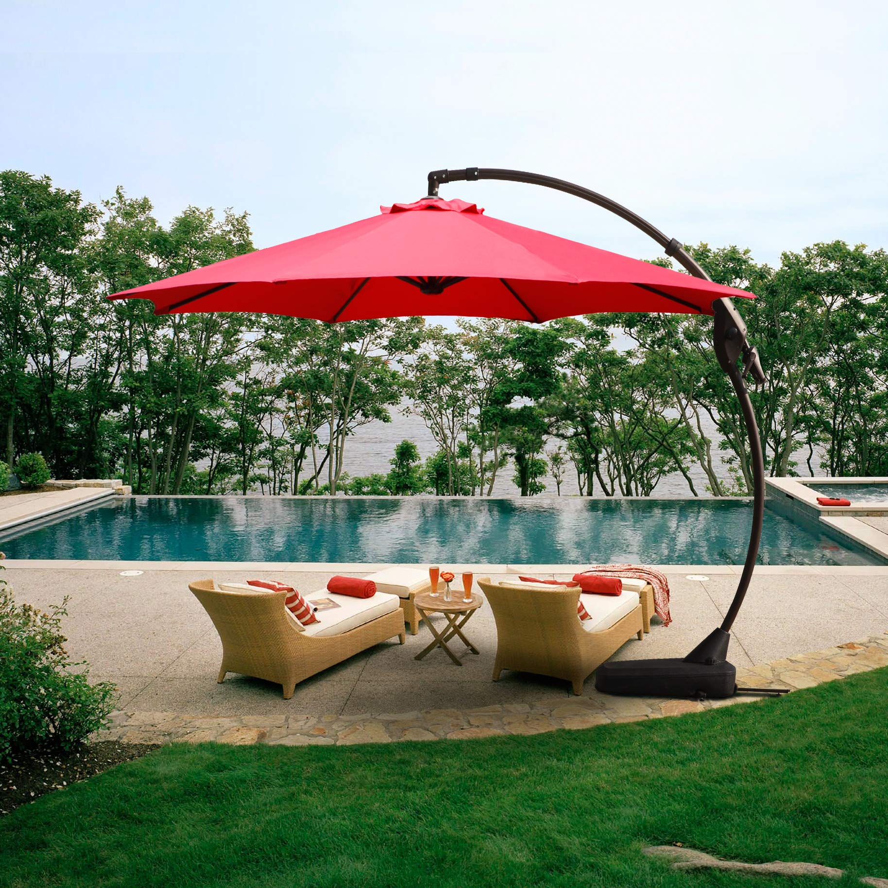 Amazon Com Grand Patio Outdoor 11 Ft Offset Umbrella With Base Included Curved And Cantilevered Aluminum Brick Red Garden Outdoor