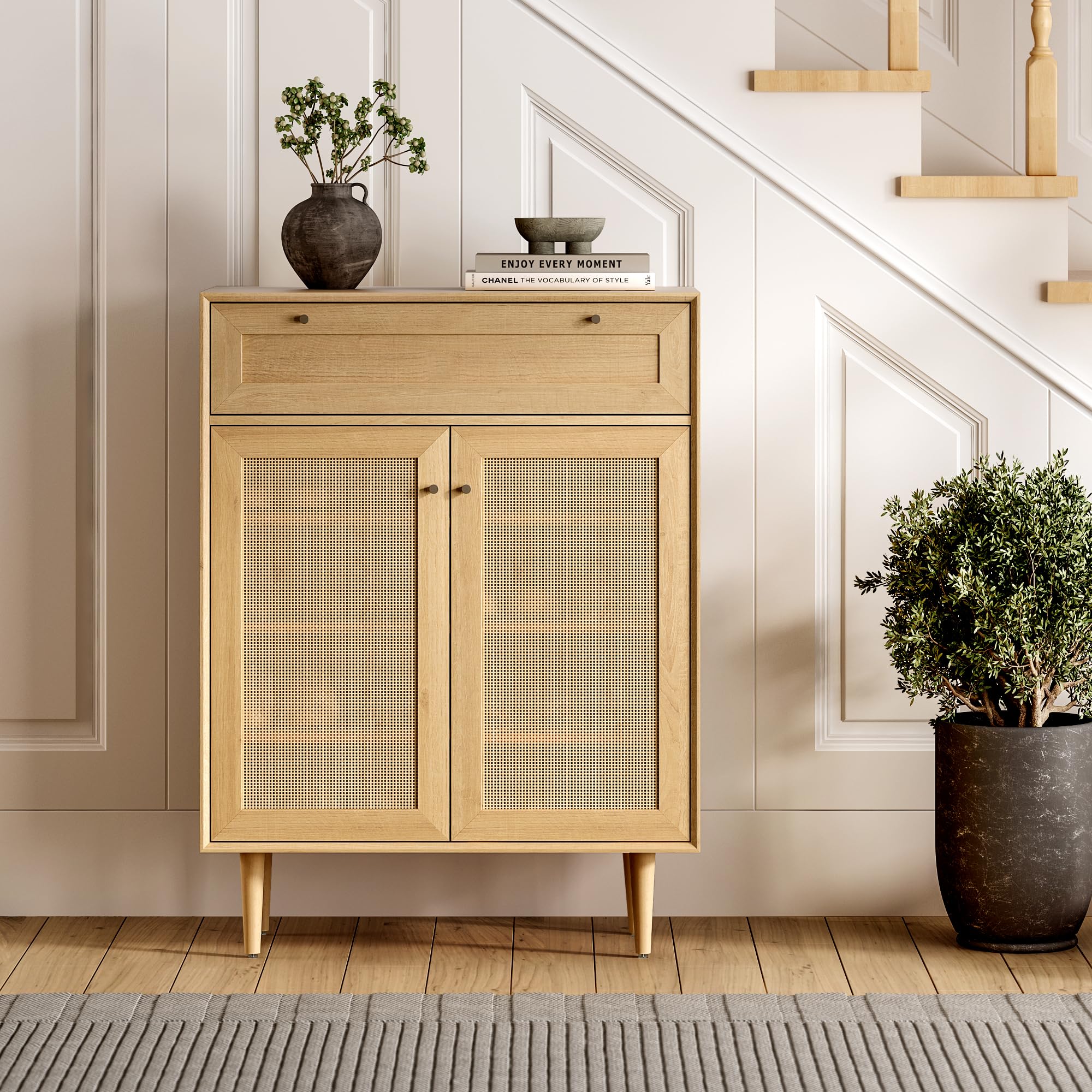 EYYTHUNG Rattan Shoe Cabinet with Drawer and Doors, Large Freestanding Shoe Storage Organizer with Adjustable Shelf & Anti-Tipping Device Modern