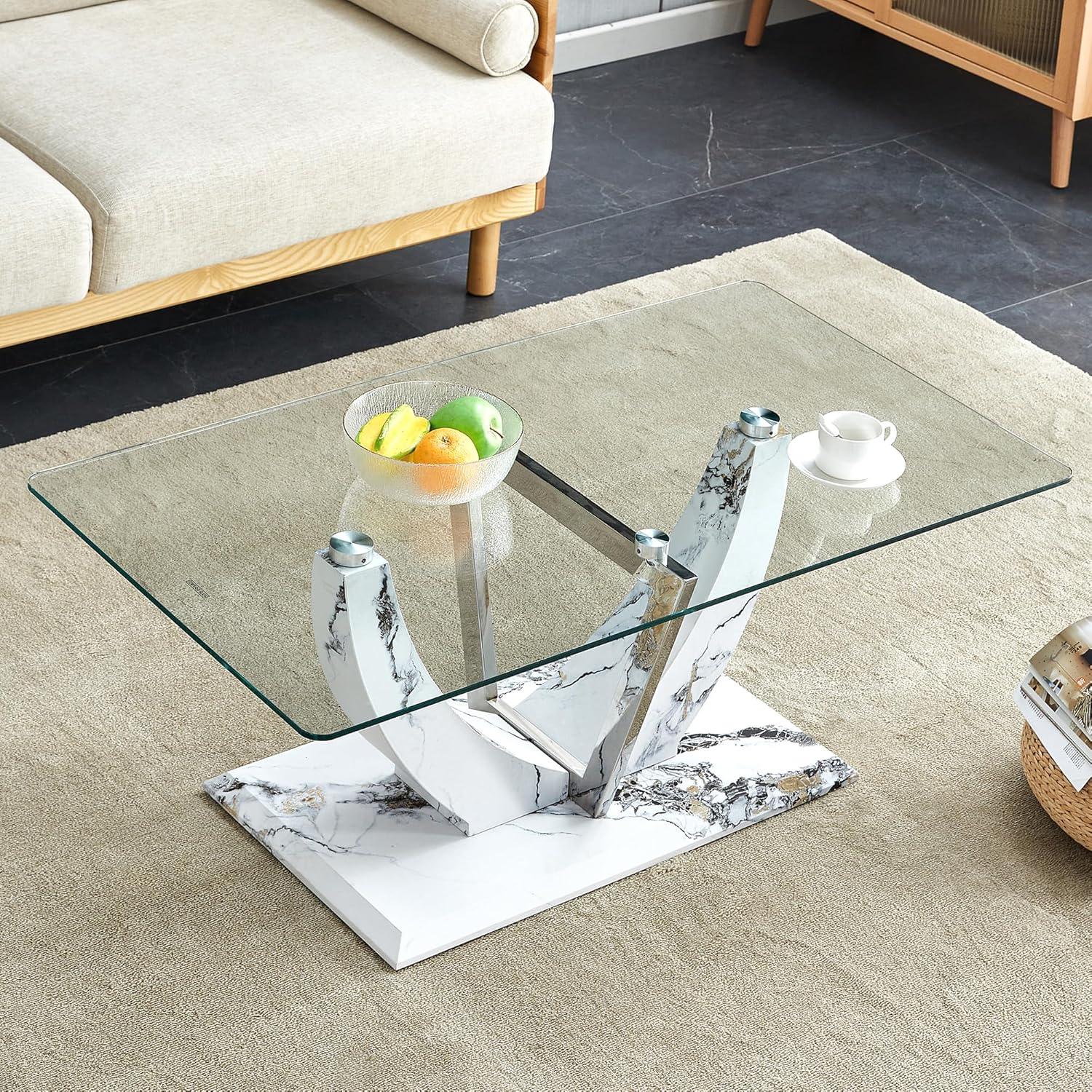 Glass Coffee Table, Modern Rectangular Coffee Table with Tempered Glass Tabletop and White Marble Patterned Stainless Steel Base, Glass Center Table Tea Table Cocktail Table Accent Table