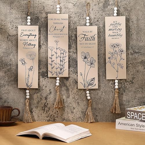 Miniatura 9 de 4 piezas de versículos bíblicos arte de pared de madera cristiana boho decoración de pared con cuentas, letrero inspirador de oración, decoración de