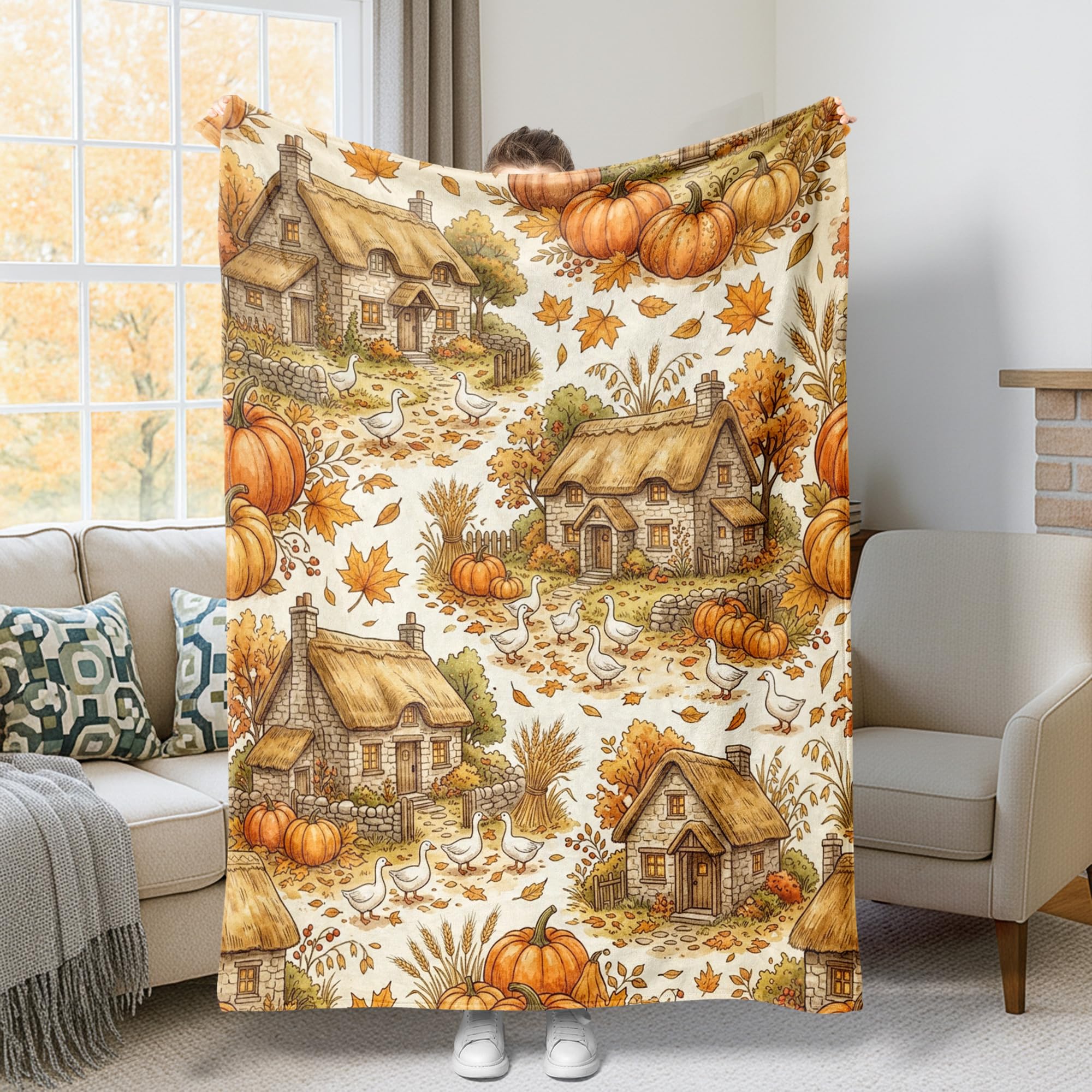 Couverture flanelle douce pour bureau et dortoir plaid orange citrouilles
