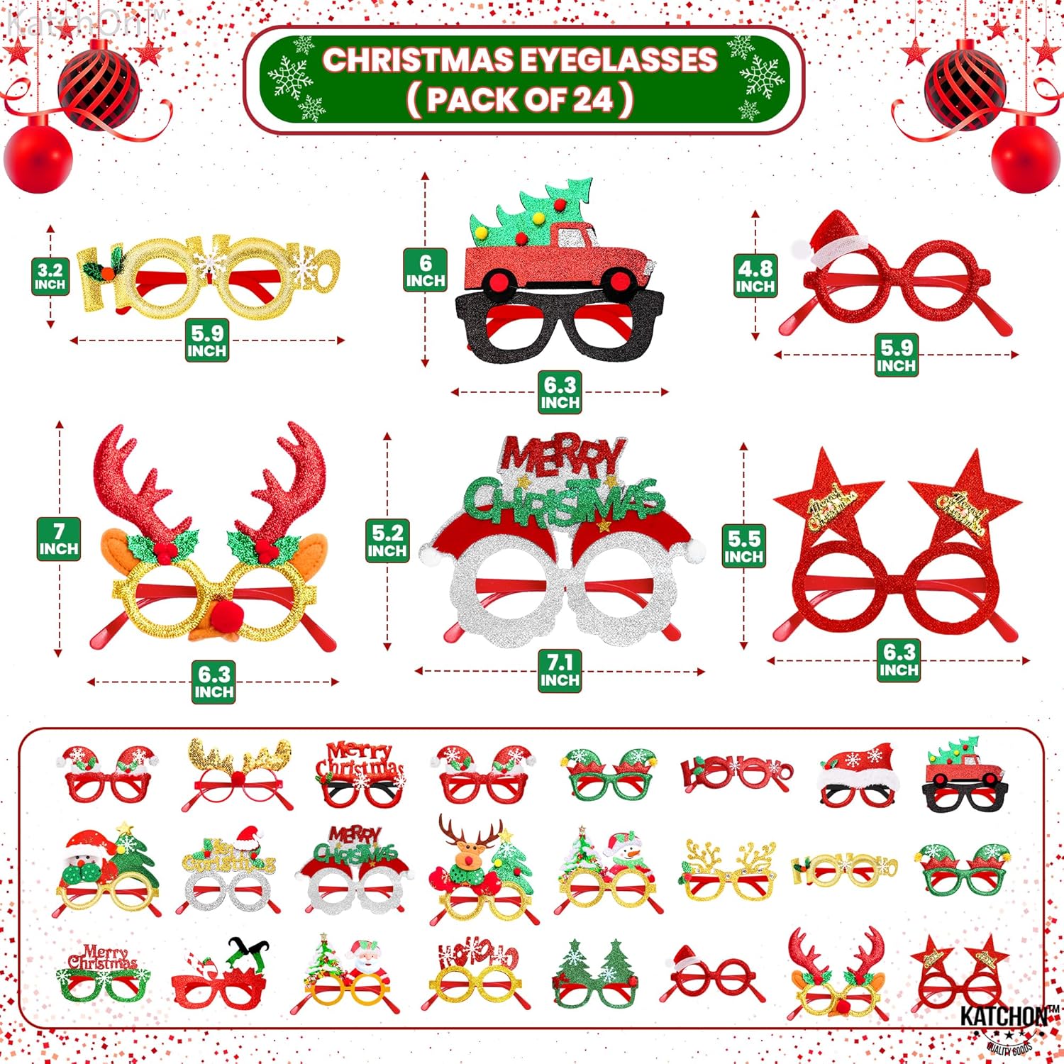 KatchOn, Glitter Christmas Glasses for Adults - Pack of 24 | Christmas Photo Booth Props | Christmas Party Favors | Christmas Glasses To Wear | Christmas Eyeglasses for Christmas Party Decorations