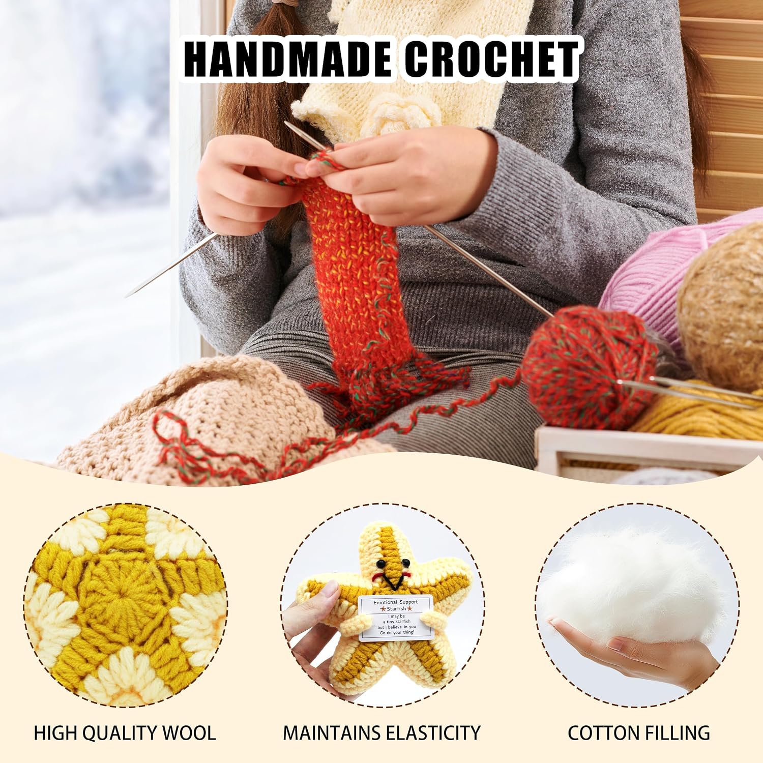 Handmade Crochet Funny Star Doll, Emotional Comfort Gift Support Crochet with Positive Card Birthday Graduation for Women Friends Decor for Home Party Office, Anxiety Relief