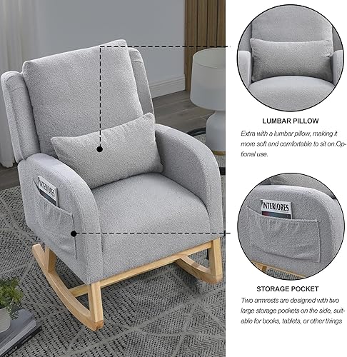 Miniatura 7 de Mecedora moderna para guardería, silla mecedora tapizada con almohada, cómodo sillón deslizante con bolsillos laterales, sofá decorativo con base de