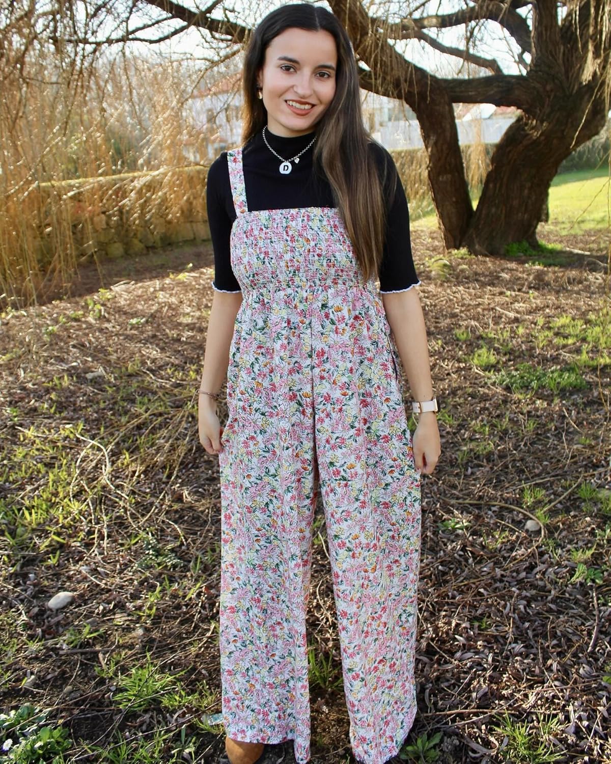 Happy Sailed Overalls for Women Floral Print Sleeveless Jumpsuit One Piece Jumpsuits Wide Leg Long Pant Rompers Boho Casual Summer Outfits Light Pink Small - Image 4