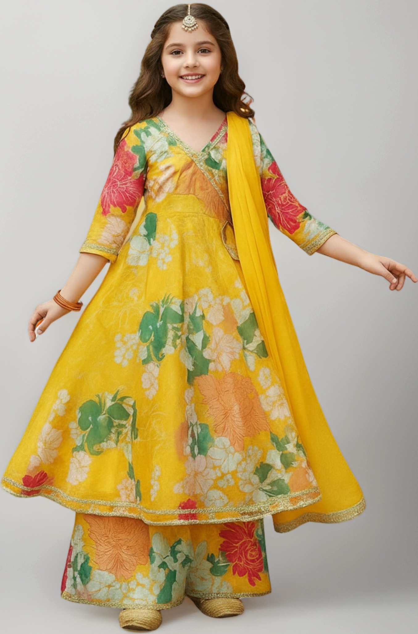 Girls Rayon Fabric Floral Printed 3/4 Sleeve Sharara Dress Set For All Occasion salwar suit