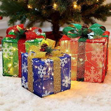 ATDAWN Set of 3 Lighted Gift Boxes Christmas Decorations, Snowflake Present Boxes, Christmas Home Gift Box Decorations