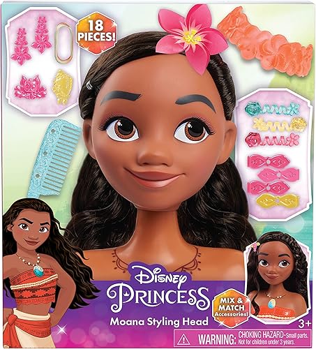 Miniatura 6 de Disney Princess Just Play - Cabeza de peinado Moana, 14 piezas, juego de simulación, juguetes para niños a partir de 3 años