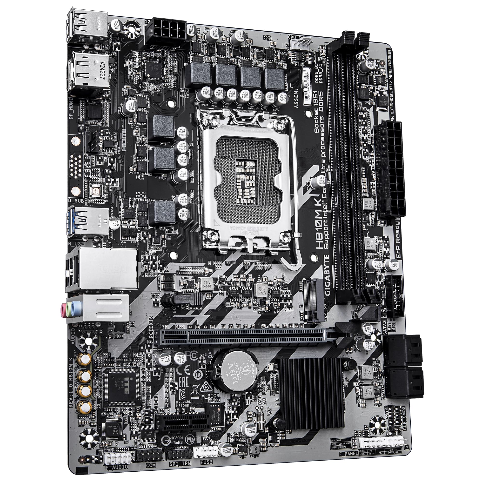 GIGABYTE H810M K Scheda Madre – CPU Intel Core Ultra (Serie 2), VRM a 3+1+2 fasi, fino a 6400 MHz DDR5, 1 x M.2 PCIe 4.0, LAN 1 GbE, USB 3.2 Gen 1