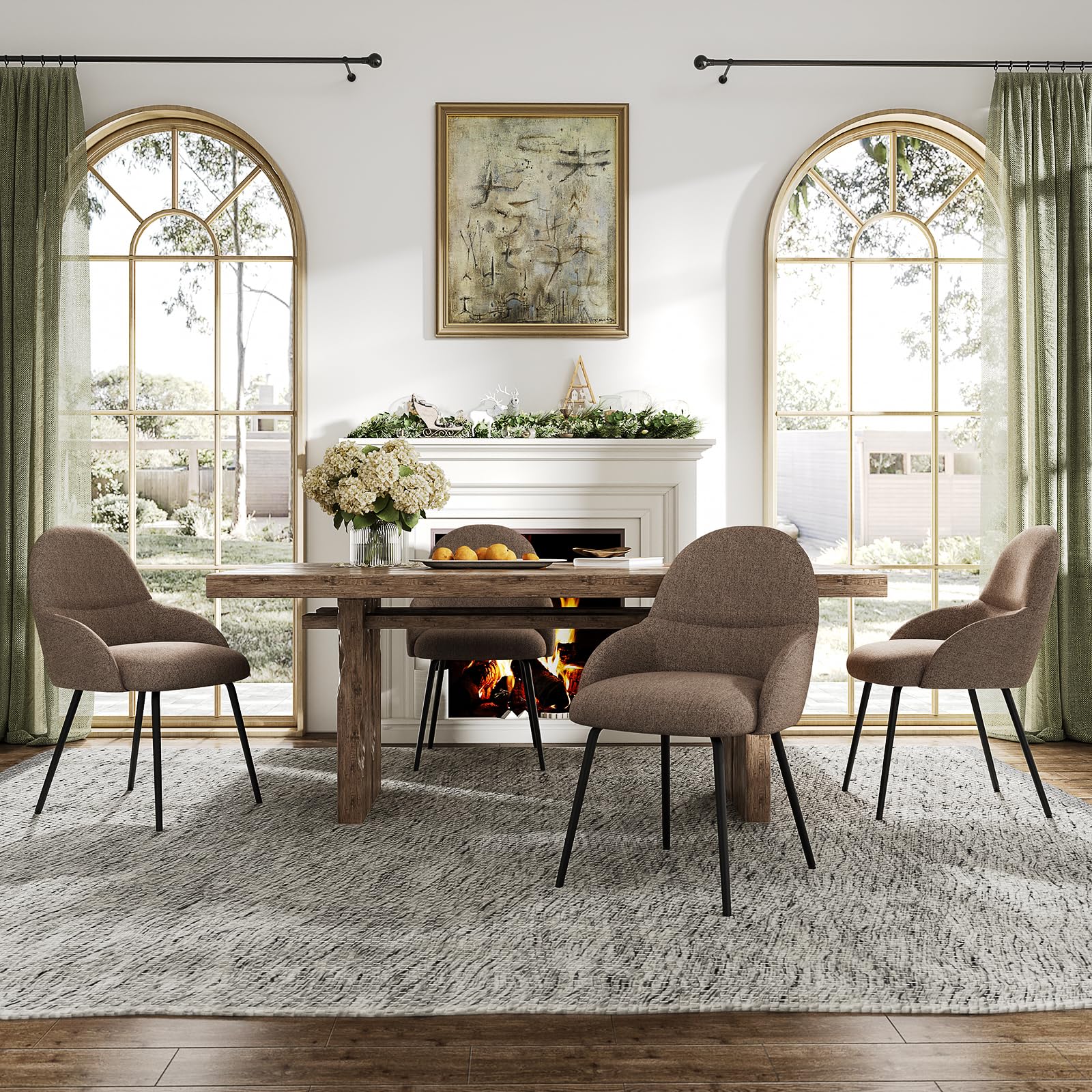 Salle à Manger Lot De 6 Chaises Design en Lin Marron, Assise RembourréE Spacieuse avec Accoudoirs, Pieds en MéTal Solides, AdaptéEs pour Cuisine Et Salon