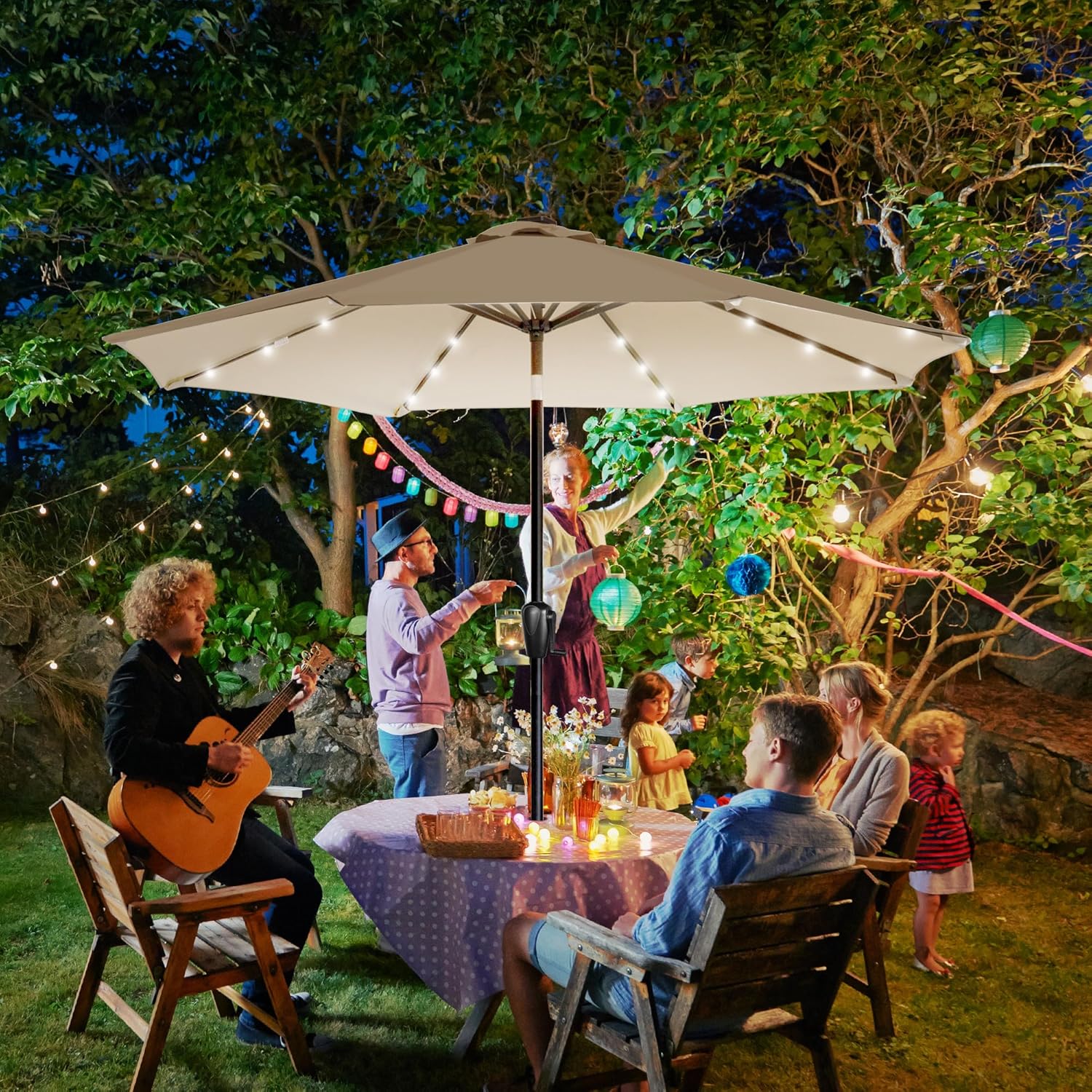 9' Round Patio Umbrella with 32 Solar Powered LED Lights, Push-Button Tilt and Hand Crank Lift, Solar Umbrella in Taupe for Porch, Deck, and Patio by Sun-Ray