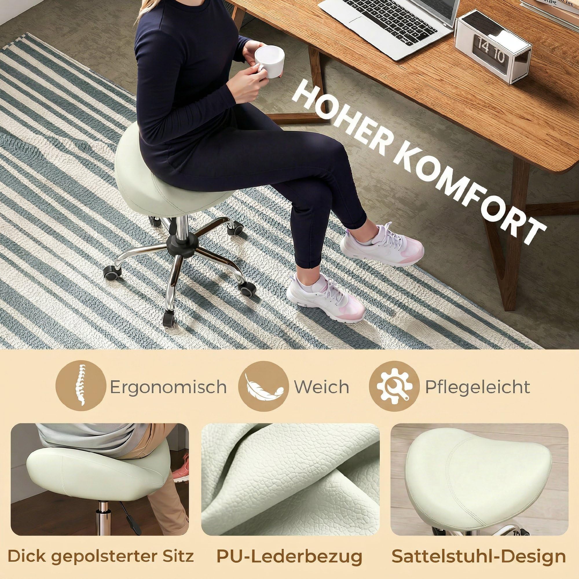 HOMCOM Rollhocker Höhenverstellbar 55-71 cm Sattelhocker Cremeweiß
