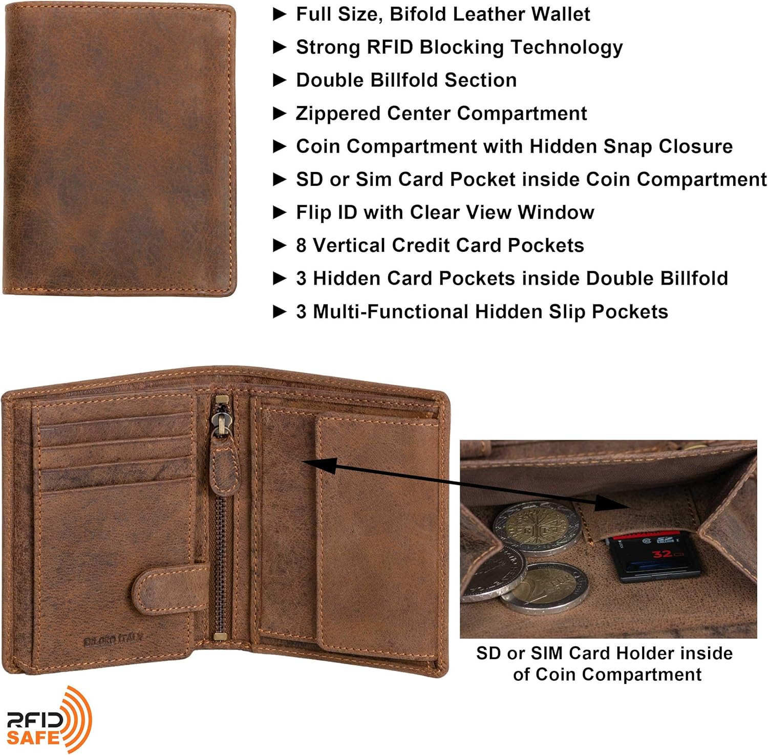 DiLoro Mens Full Size Large Capacity Genuine Full Grain Leather Wallet Bifold Flip ID Coin & Zip Pockets RFID Blocking Anti-Theft (Dark Hunter Brown) - Image 2