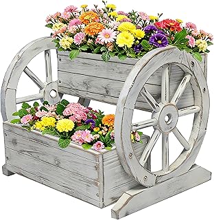 NestNature Wooden Wagon Planter Box,Raised Garden Bed,Decorative Garden Planters with Wheels-Outside Flower Pots for Indoor/Outdoor Décor Plants (Antique White)