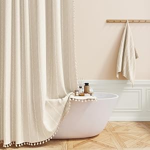 BTTN Boho Farmhouse Shower Curtain, Linen Rustic Bohemian Striped Cloth Shower Curtain Set with Tassel, Water Repellent, Modern Vintage Country Fabric Shower Curtains for Bathroom, Cream/Beige, 72x72