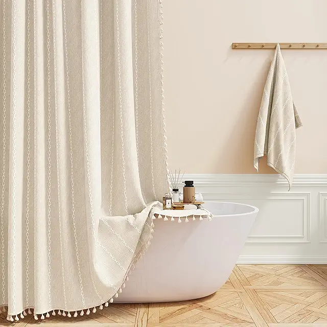 Scalloped Shower Curtain: Boho Farmhouse Design with Tassels, Mildew Resistant, 182x182cm