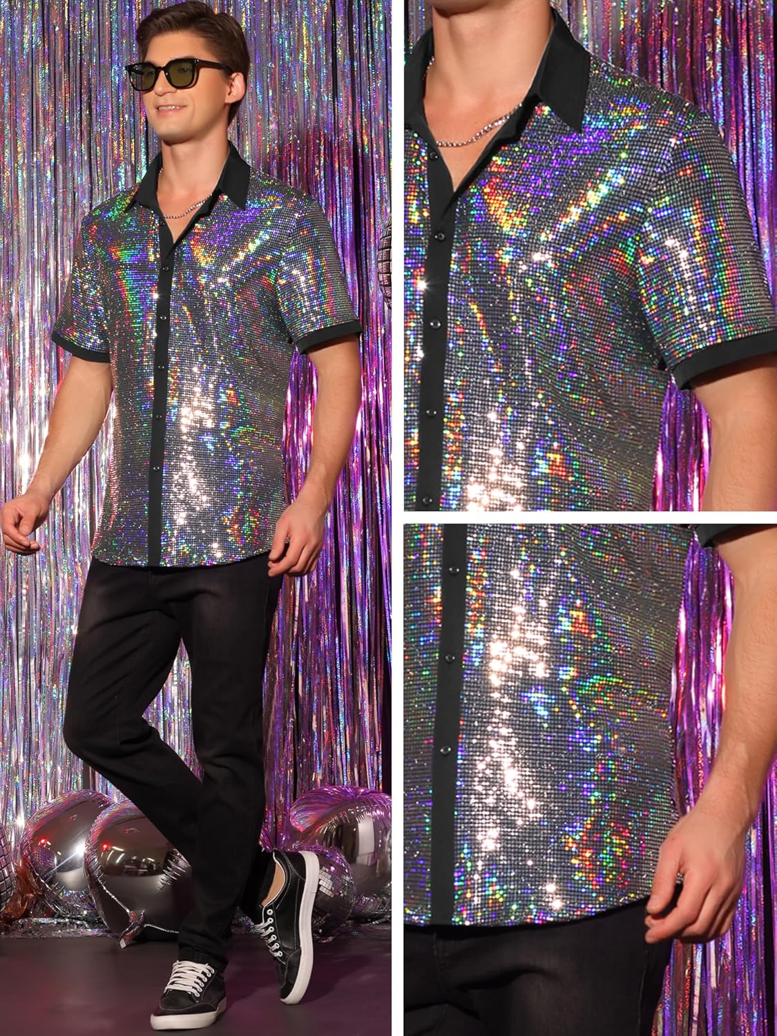 Lars Amadeus Sequins Shirts for Men's Short Sleeves Disco Party Sparkly Metallic Shirt
