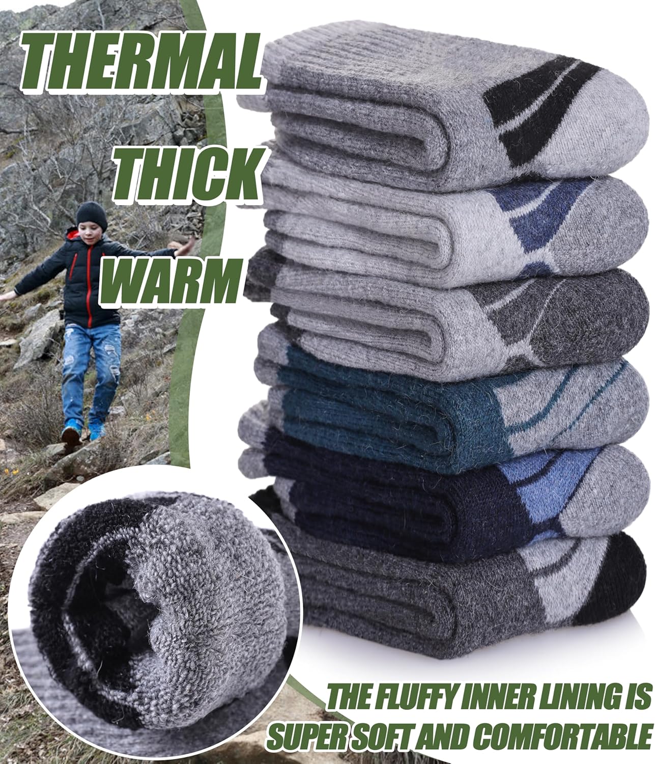 Kids Merino Wool Hiking Socks Boys Girls Toddlers Thermal Winter Warm Boot Thick Cushion Socks 6 Pairs - Image 4