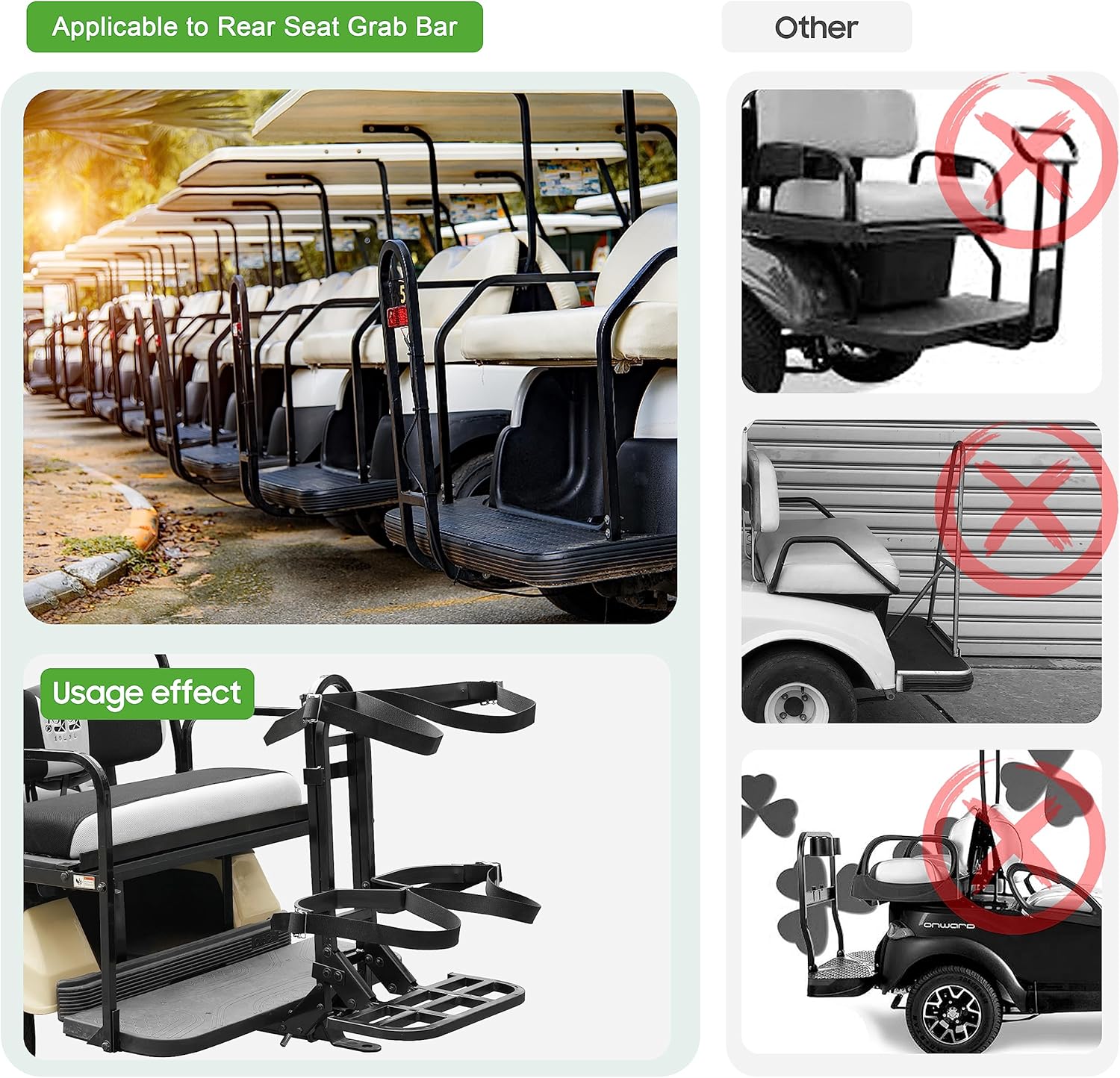 10L0L Universal Golf Cart Bag Holder Rack for Yamaha, EZGO, Club Car Rear Seat Grab Bar, Don't Occupy The Back Seat Space, No Drilling Required, Fits Safety Bar Maximum 8" Wide, Black