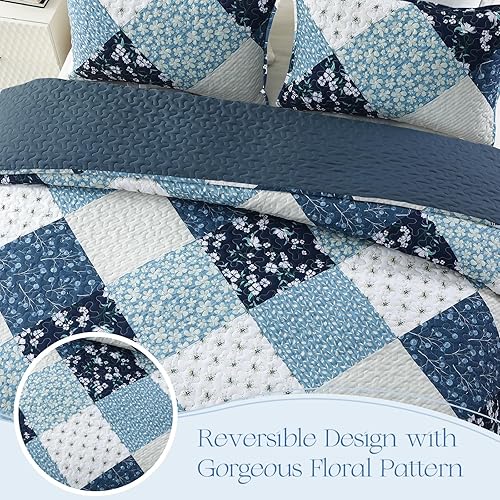 Miniatura 3 de Exclusivo Mezcla - Juegos de edredón reversibles de estilo bohemio de tamaño Queen, colcha azul ligera, juego de ropa de cama de patchwork para