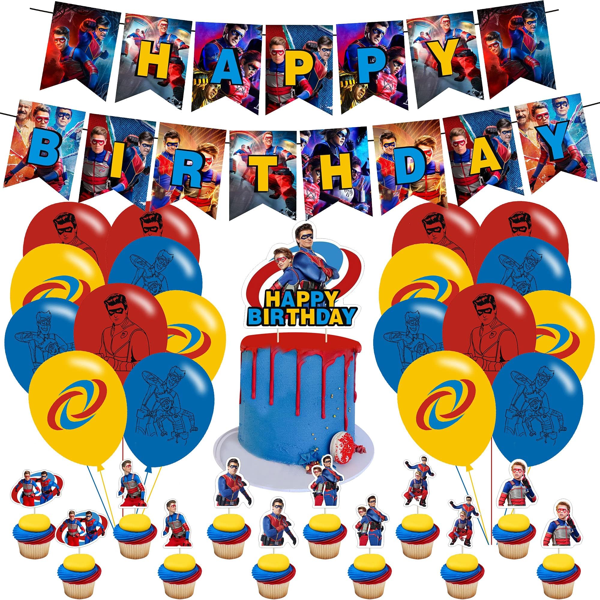 AUSDU Henry Birthday Party Decorations, TV Show Themed Party Supplies Set with Happy Birthday Banner Cake Cupcake Toppers Latex Balloons for Adults Kids Birthday Baby Shower Party Favors