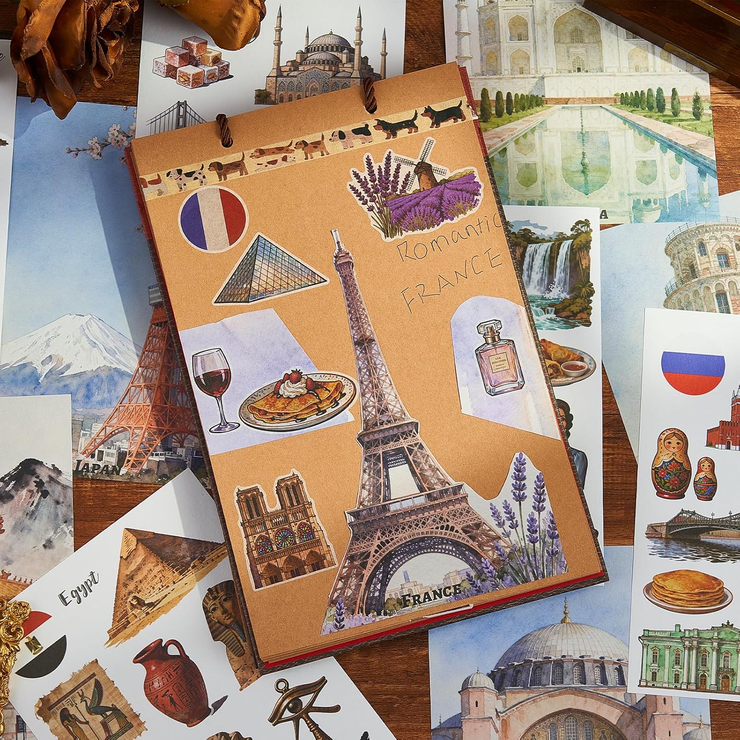 240PCS World Landmarks Scrapbook Supplies Kit, 220Pcs Washi Stickers & 20 Sheets Vintage Travel Decorative Craft Paper for Journaling, DIY Collage, Planners