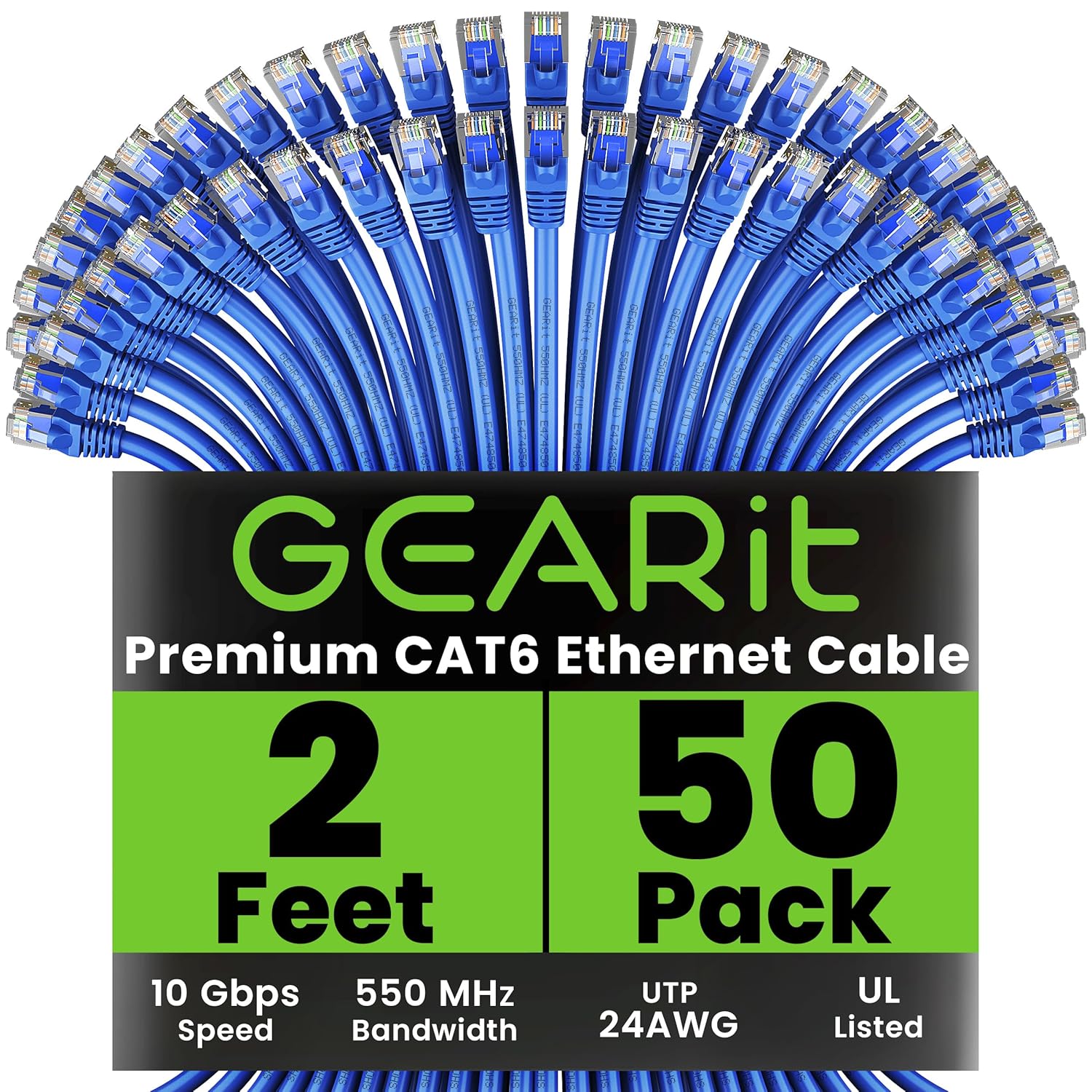 GEARit Cat 6 Ethernet Cable (50-Pack 2 Feet) Cat6 Network Patch, 10Gbps, RJ45, Snagless Cord, Gold-Plated Connectors, Internet for PC, TV, Tablet, Router, Printer, Servers, IT Data Center - Blue