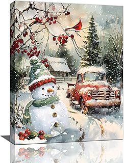 Christmas Decor Snowman Wall Art Winter Farmhouse Red Truck Pictures Wall Decor Cardinal Canvas Canvas Painting Print Modern Home Decorations Artwork for Bathroom Bedroom Living Room Kitchen 12"x16"