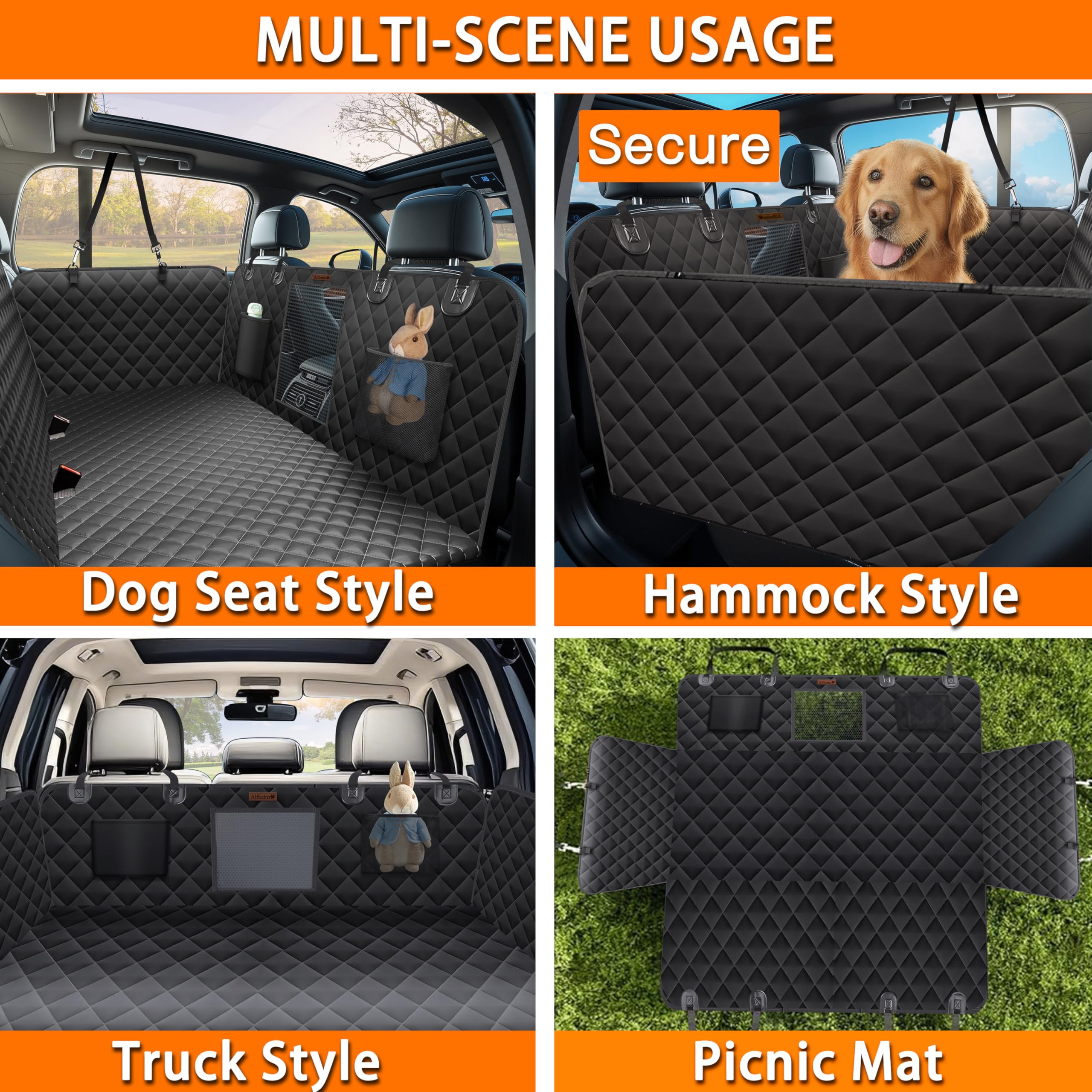 Alfheim Estensore Sedile Posteriore Cane 180Kg, Coprisedile Auto Cani Impermeabile Antiscivolo con Fondo Rigido, Amaca XL Antigraffio Letto Viaggio Cane per Auto SUV Camion, Facile da Pulire