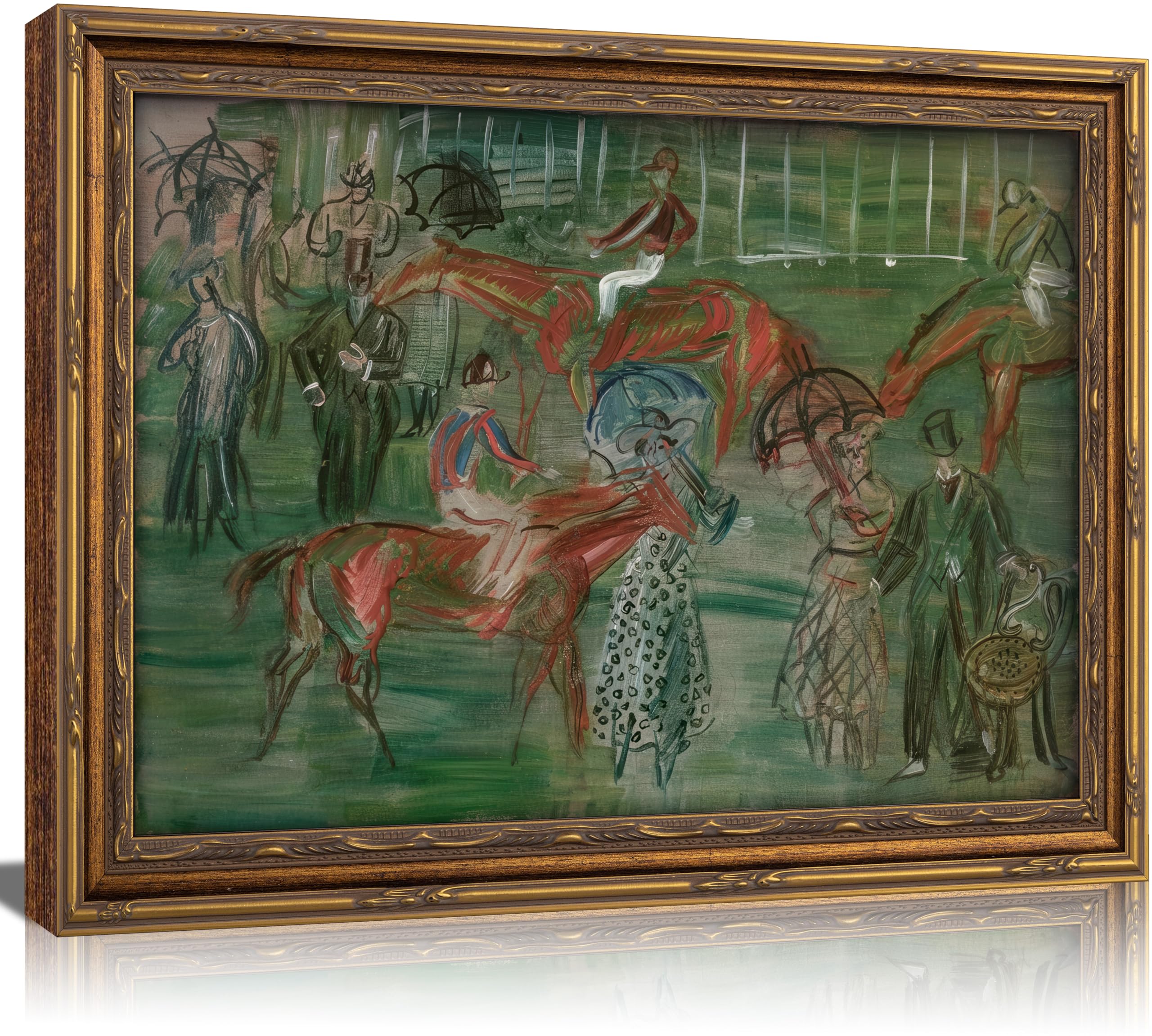 Vintage Gold Framed Horse Race Wall Art, Retro Impressionist Style Equestrian Canvas Prints, Classic Race Scene Wall Decor, Abstract Cottagecore Equestrian Poster Artwor for Living Room Bedroom Office Decor, 16x24in