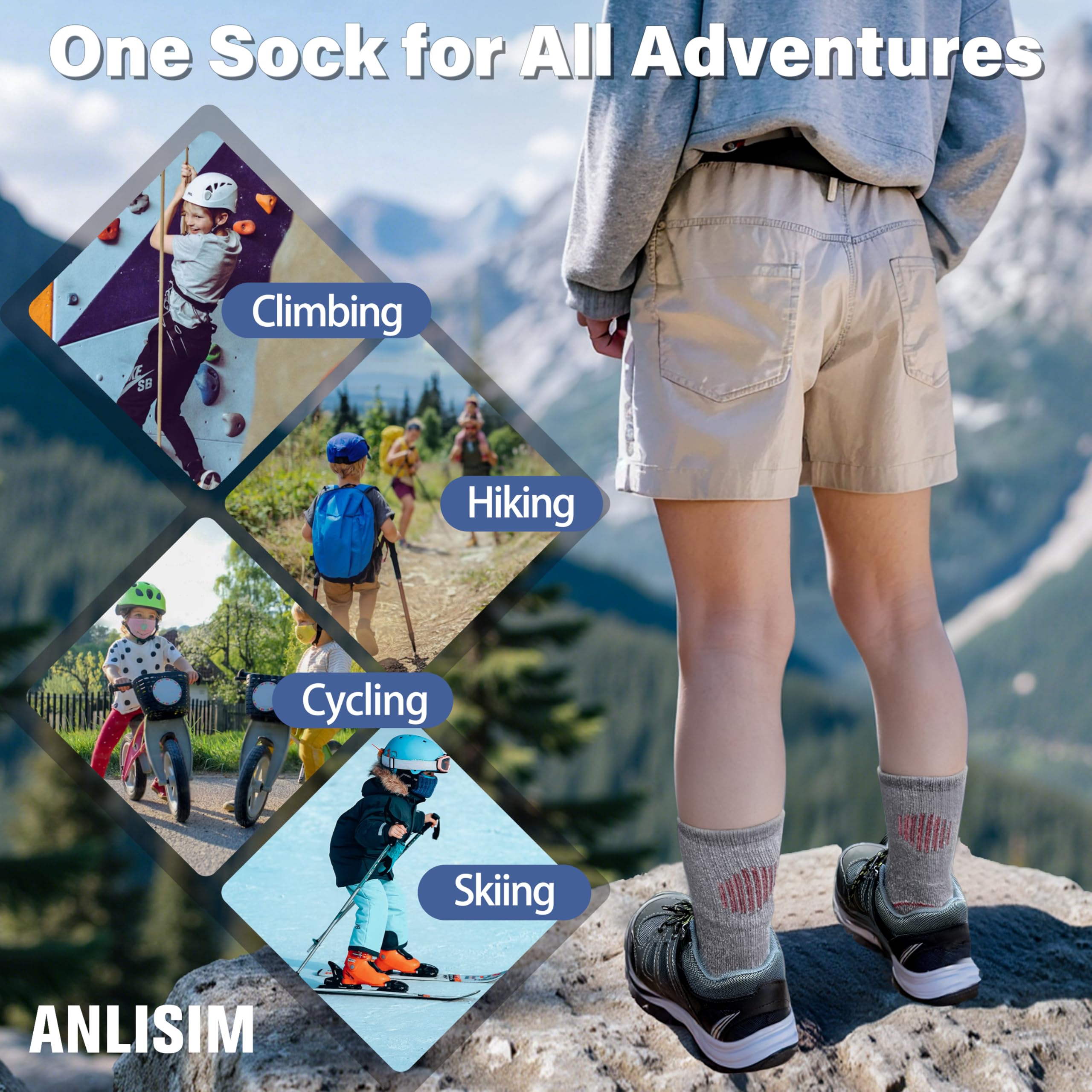 Merino Wandersocken für Kinder Mädchen Jungen Wolle Socken Dicke Thermosocken Warme Sportsocken Trekking Wintersocken Weihnachtssocken Geschenke Kindersocken 4 Paare(Lila/Rosa/Blau/Grau,4-7 Jahre)