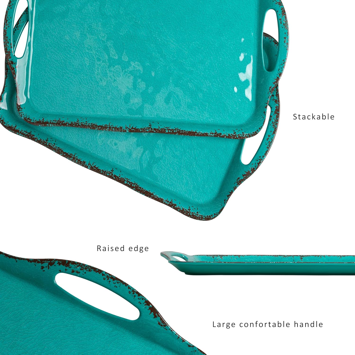 LEHAHA Large Farmhouse Melamine Serving Platters, Serving Tray with Handle for Food, Appetizer, Cupcakes, Dessert, Raised Edge Large Party Platter or TV Dinner Trays, 17.25x12 inch, Set of 2, Teal - Image 5